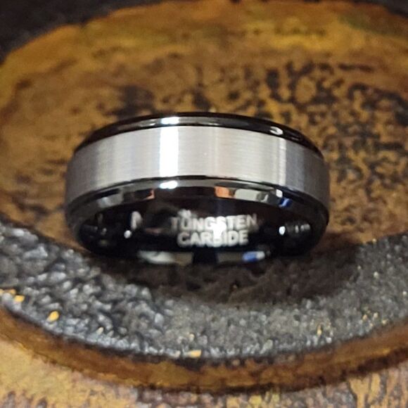 Engraved Men's Real Black and silver Tungsten Wedding Ring Black and Silver Band - Picture 4 of 12
